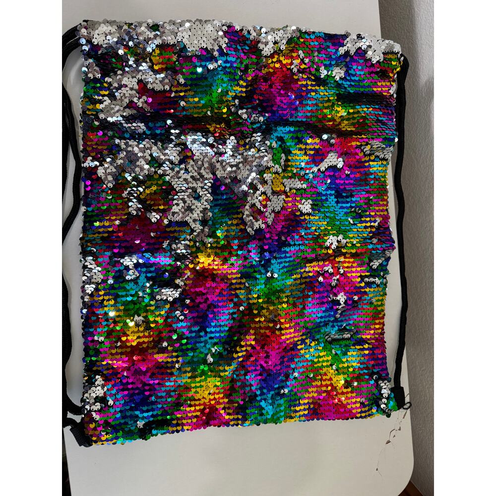 NWOT Mermaid Sequin Drawstring Backpack Colorful Rainbow Pride Sparkly